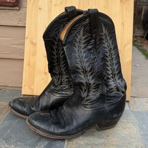 Tony Lama Black Leather Heeled Cowboy Boots